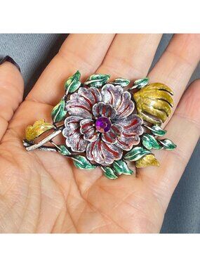 Vintage Flower Brooch Enamel Rhinestone Silver Tone Red Green Statement